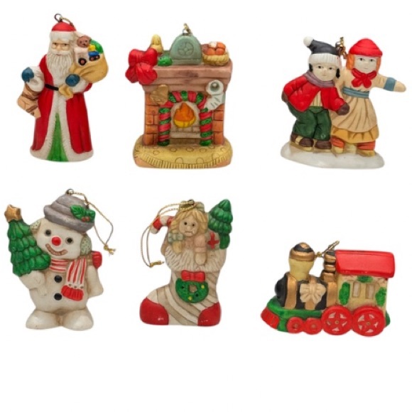 Retro Christmas Villages Ceramic Hanging Tree Ornaments Set of 6 - Picture 1 of 10